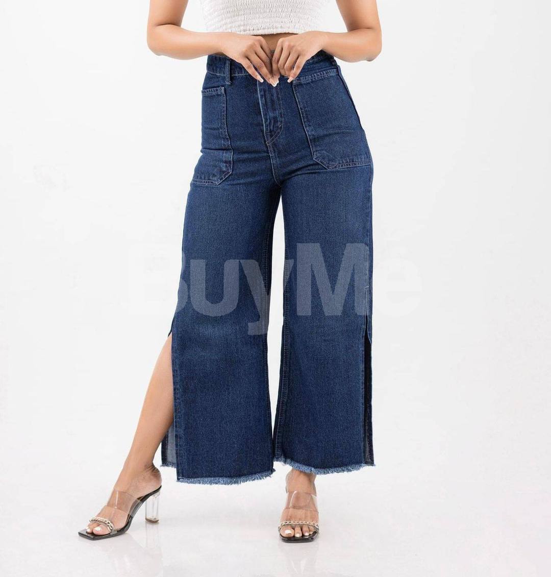 HIGHWAIST HEM FRAYED SIDE OPEN JEANS - DARK BLUE