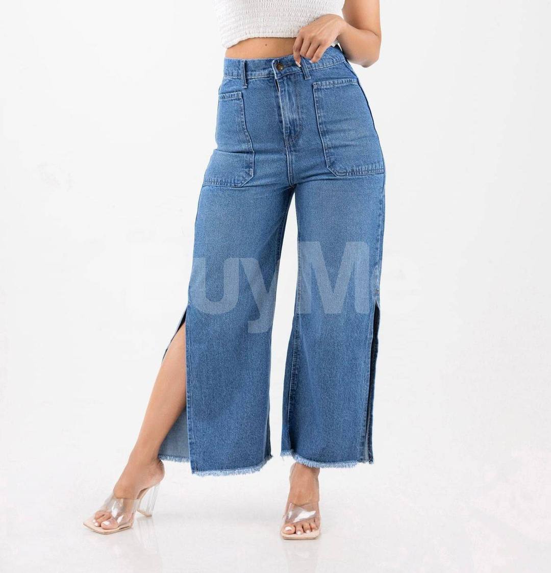 HIGHWAIST HEM FRAYED SIDE OPEN JEANS - MID BLUE