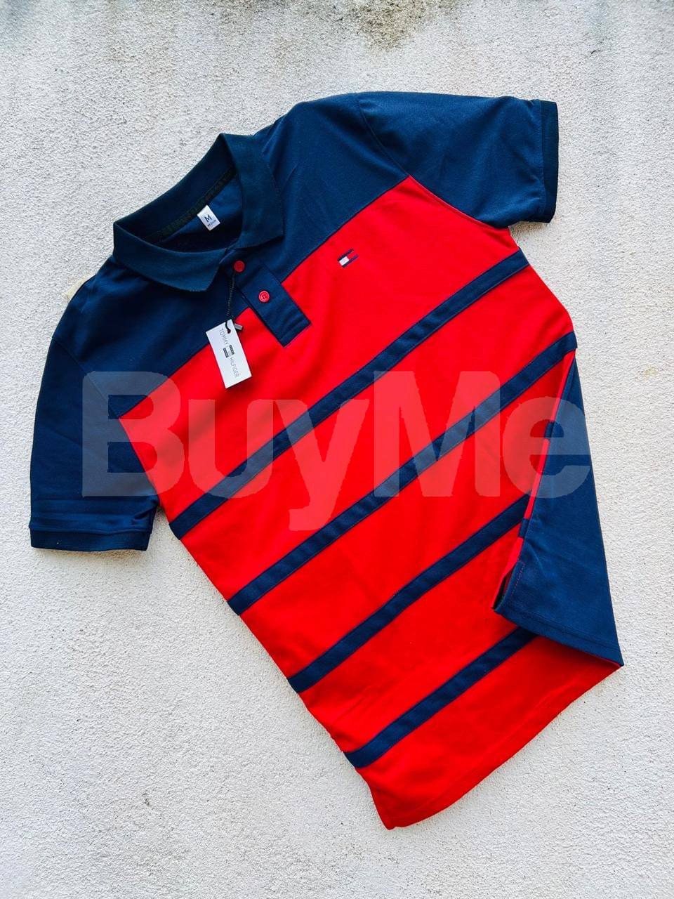 RED AND DARK BLUE MIX MEN'S COLLAR T-SHIRT