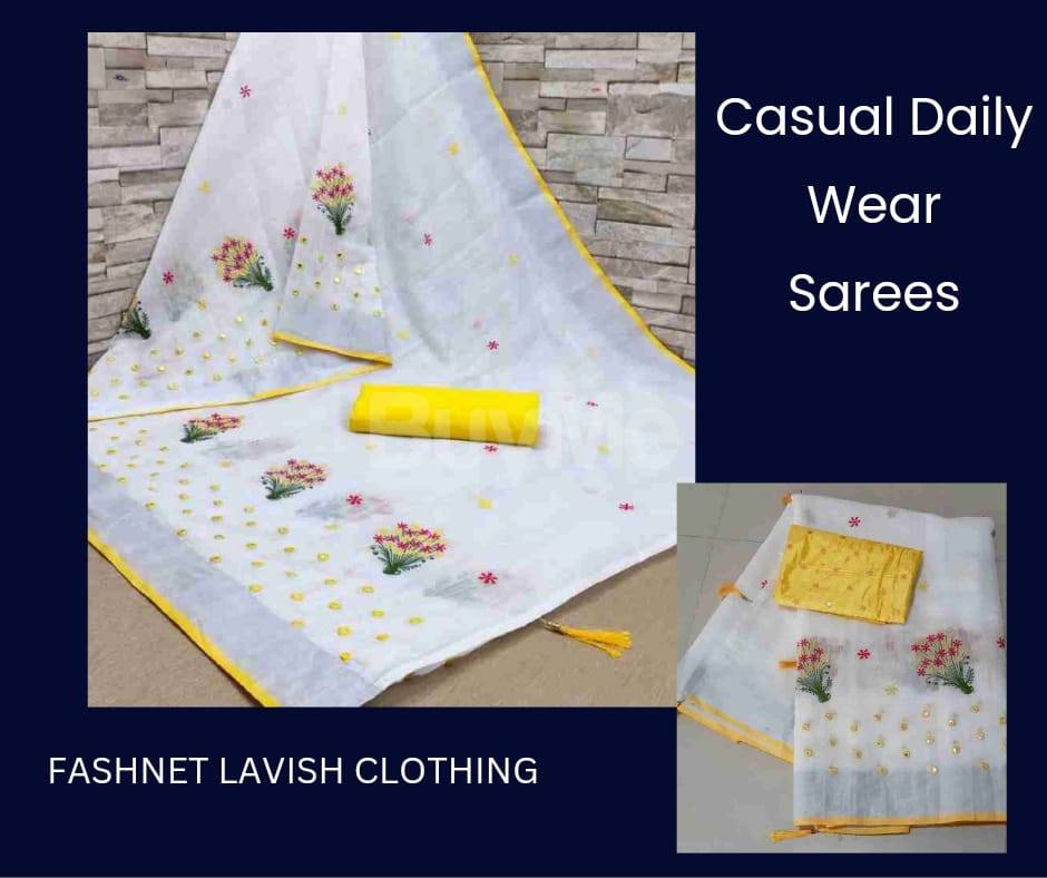 CASUAL WEAR SAREE - WHITE & YELLOW