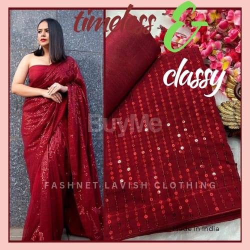 BOLLYWOOD STYLE PARTY WEAR RED SEQUENCE SAREE DESIGN - LADIES COLLECTION