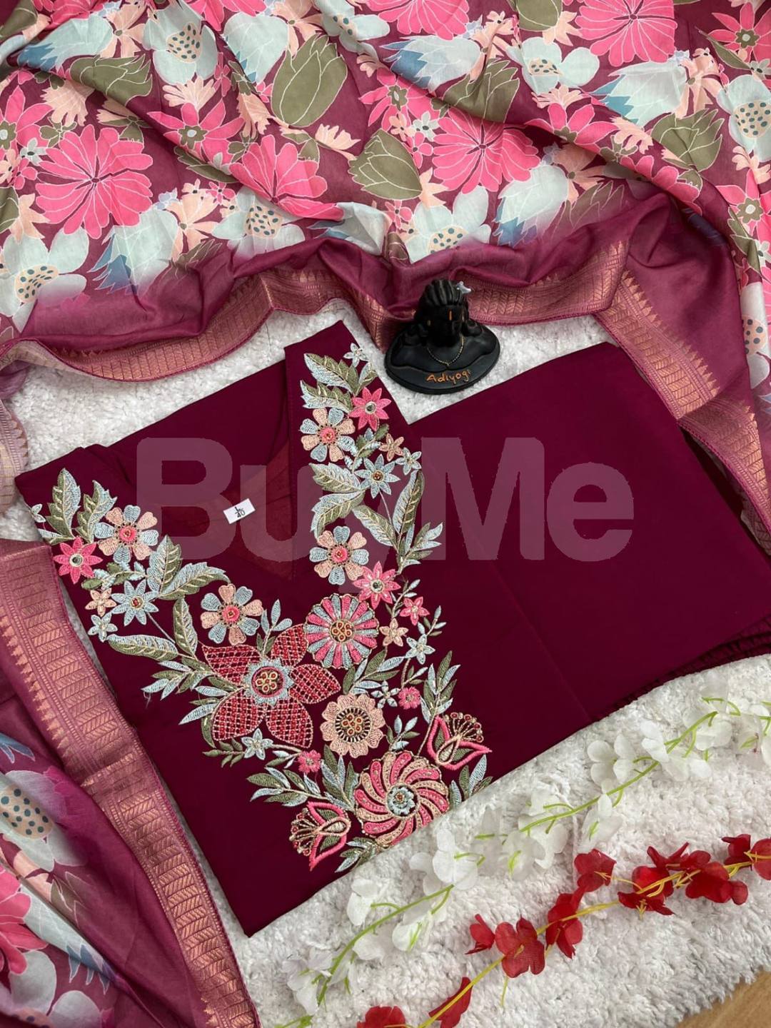 HANDWORK KURTI WITH DUPATTA PANTS SET - MEROON