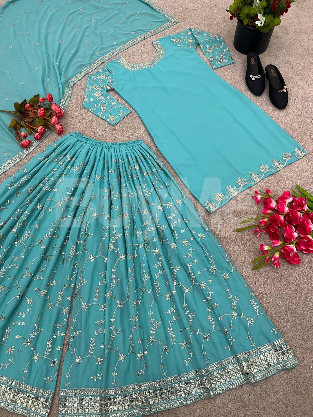 TOP-PLAZZO AND DUPATTA WITH HEAVY EMBROIDERY WORK - OCEAN BLUE