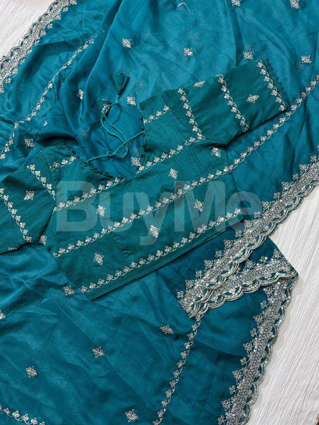 SOFT ORGANZA SAREE COVER WITH EMBROIDERY - BLUE