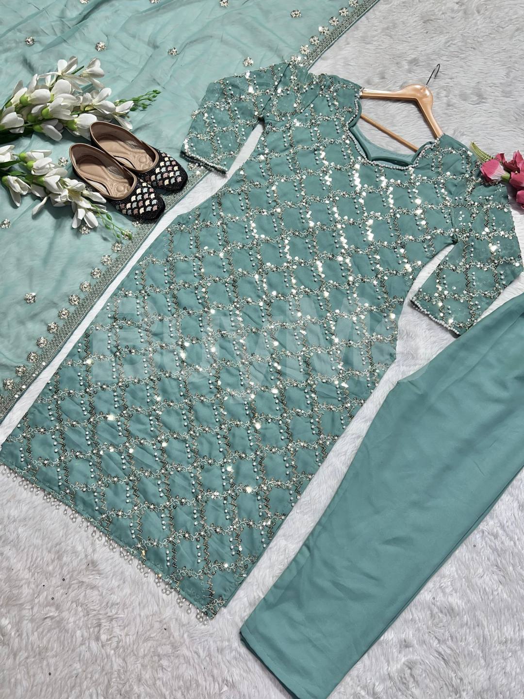 FANCY STYLE LONG TOP, PANT AND DUPPTTA - MINT GREEN
