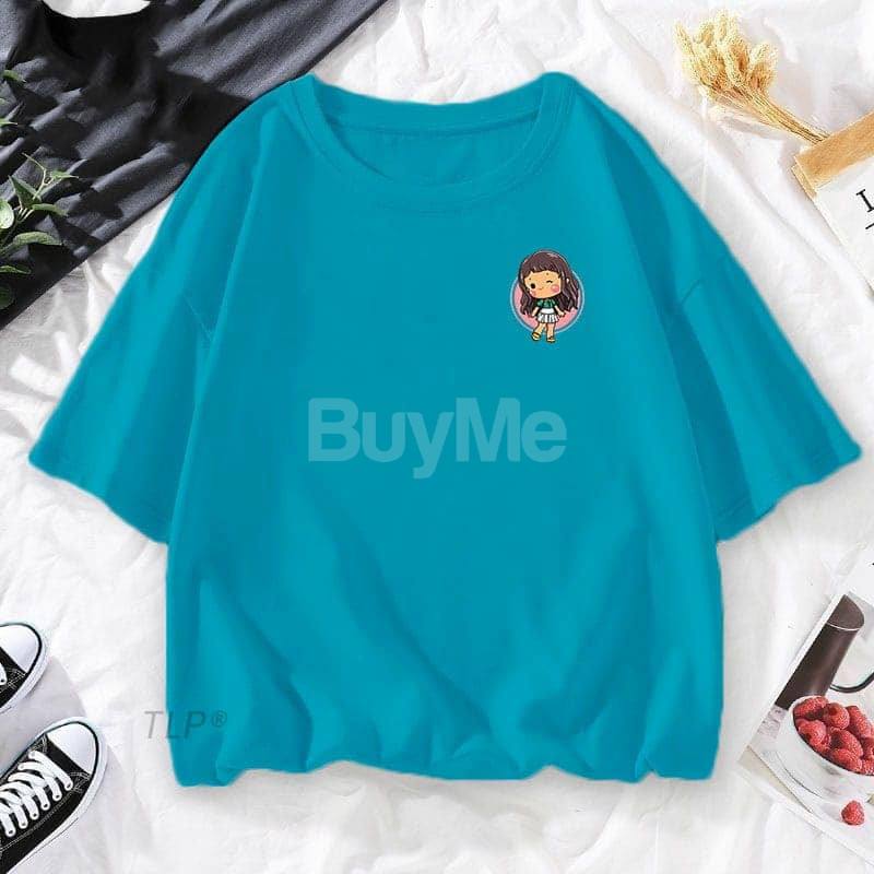 CARTOON GIRL PRINTED BAGGY TSHIRT - LIGHT BLUE