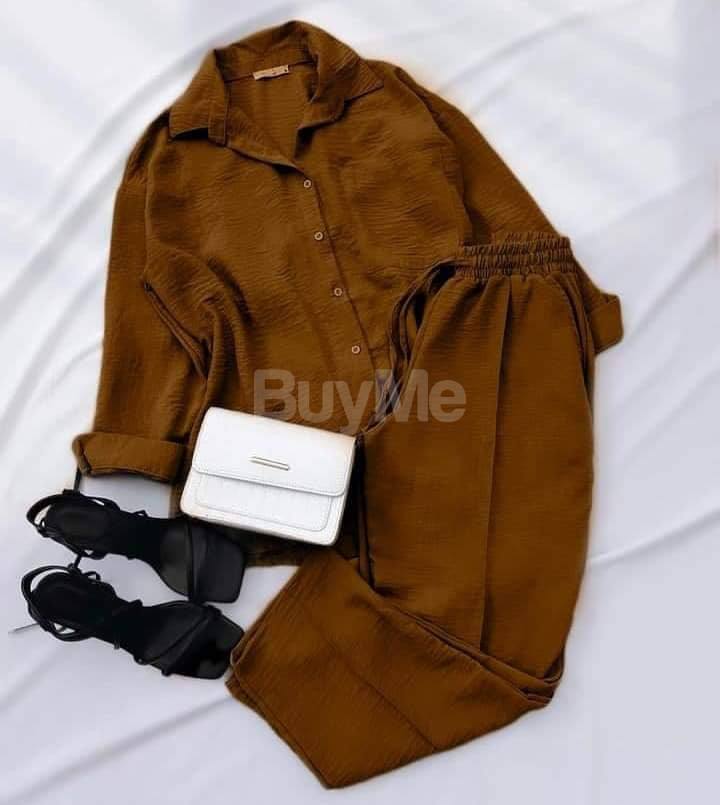 BUTTON UP TOP AND DRAWSTRING WIDE LEG PANT OUTFIT SET - BROWN