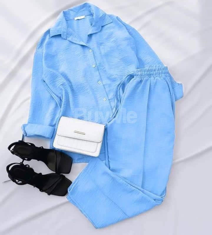 BUTTON UP TOP AND DRAWSTRING WIDE LEG PANT OUTFIT SET - LIGHT BLUE
