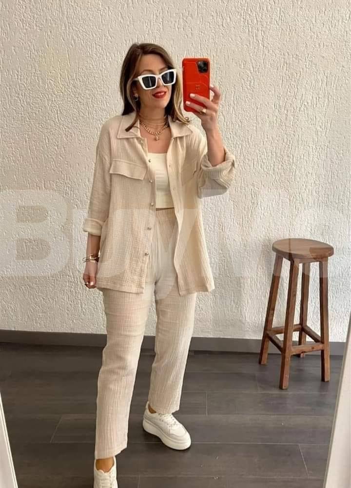 WOMEN SHIRT AND PANT OUTFIT SET - BEIGE