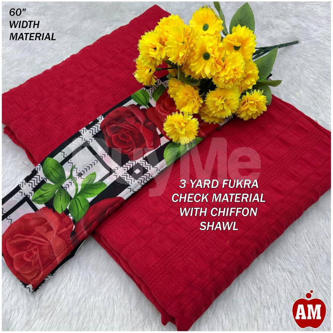 3 YARD FUKRA CHECK MATERIAL WITH CHIFFON SHAWAL - RED COLOR