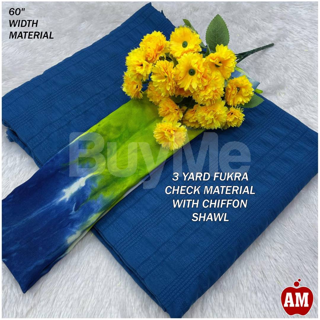 3 YARD FUKRA CHECK MATERIAL WITH CHIFFON SHAWAL - BLUE COLOR