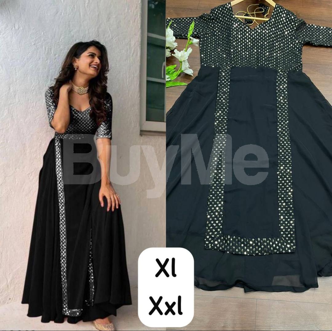 HEAVY EMBROIDERY SEQUENCE WORK GOWN - BLACK