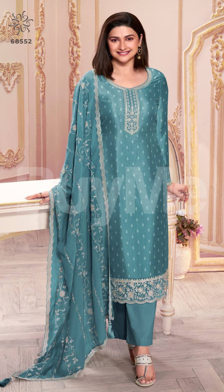 HEAVY SILK PRINT WITH SEQUENCE EMBROIDERY STITCH WORK DRESS - BLUE