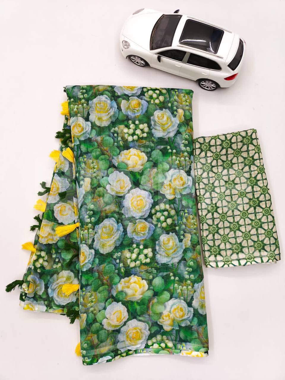 LINEN SAREE WITH DIGITAL PRINT - DARK GREEN & YELLOW COLOUR MIX