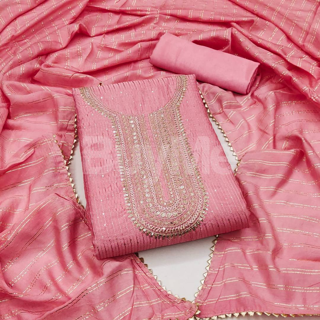 DIABLE CHANDERI CROSET WORK WITH EMBROIDERY DRESS - PINK