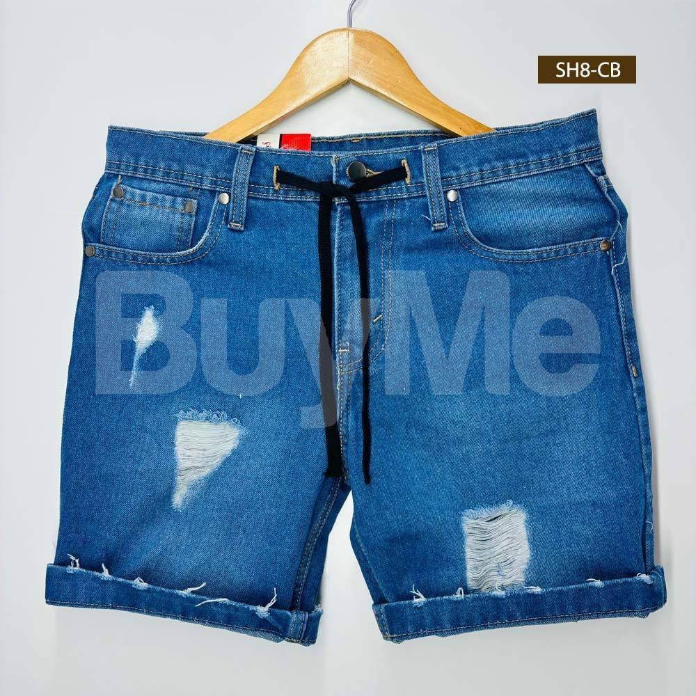 MENS DENIM PATCH SHORTS - MID BLUE