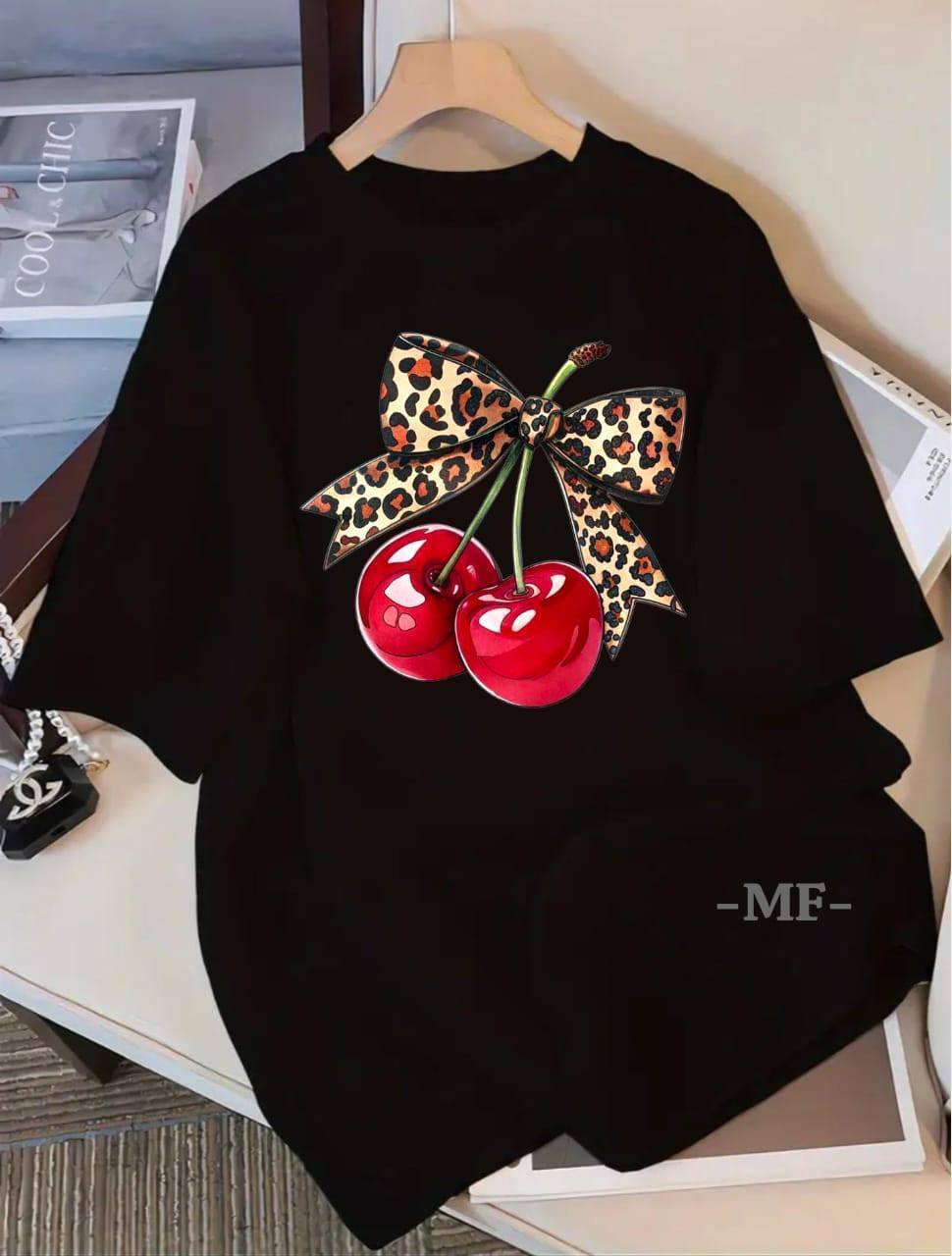 BLACK TEE WITH 'CHERRIES AND RIBBON BOW' PRINT