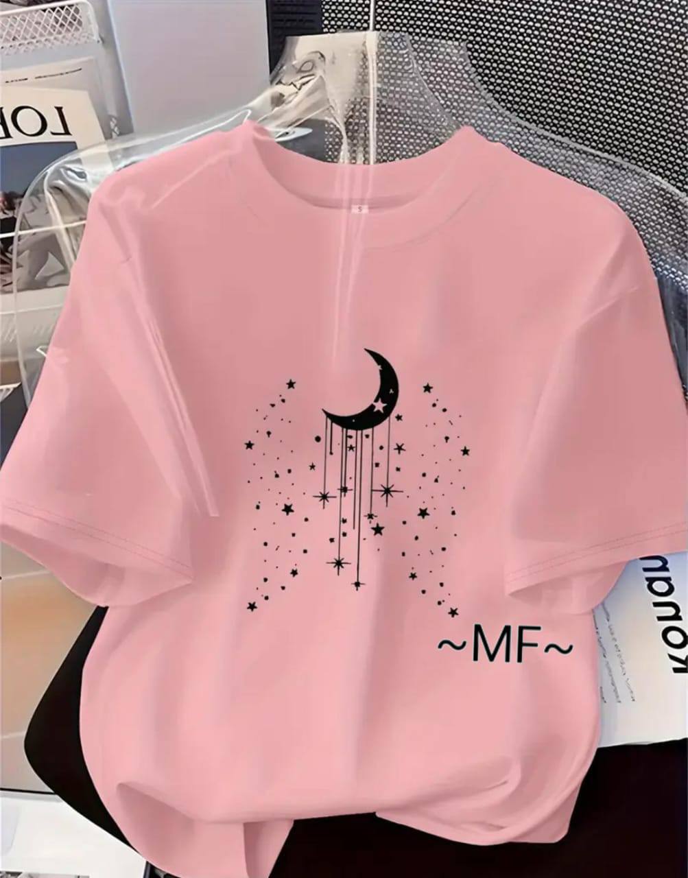 SALMON PINK TEE WITH 'HALF MOON' PRINT