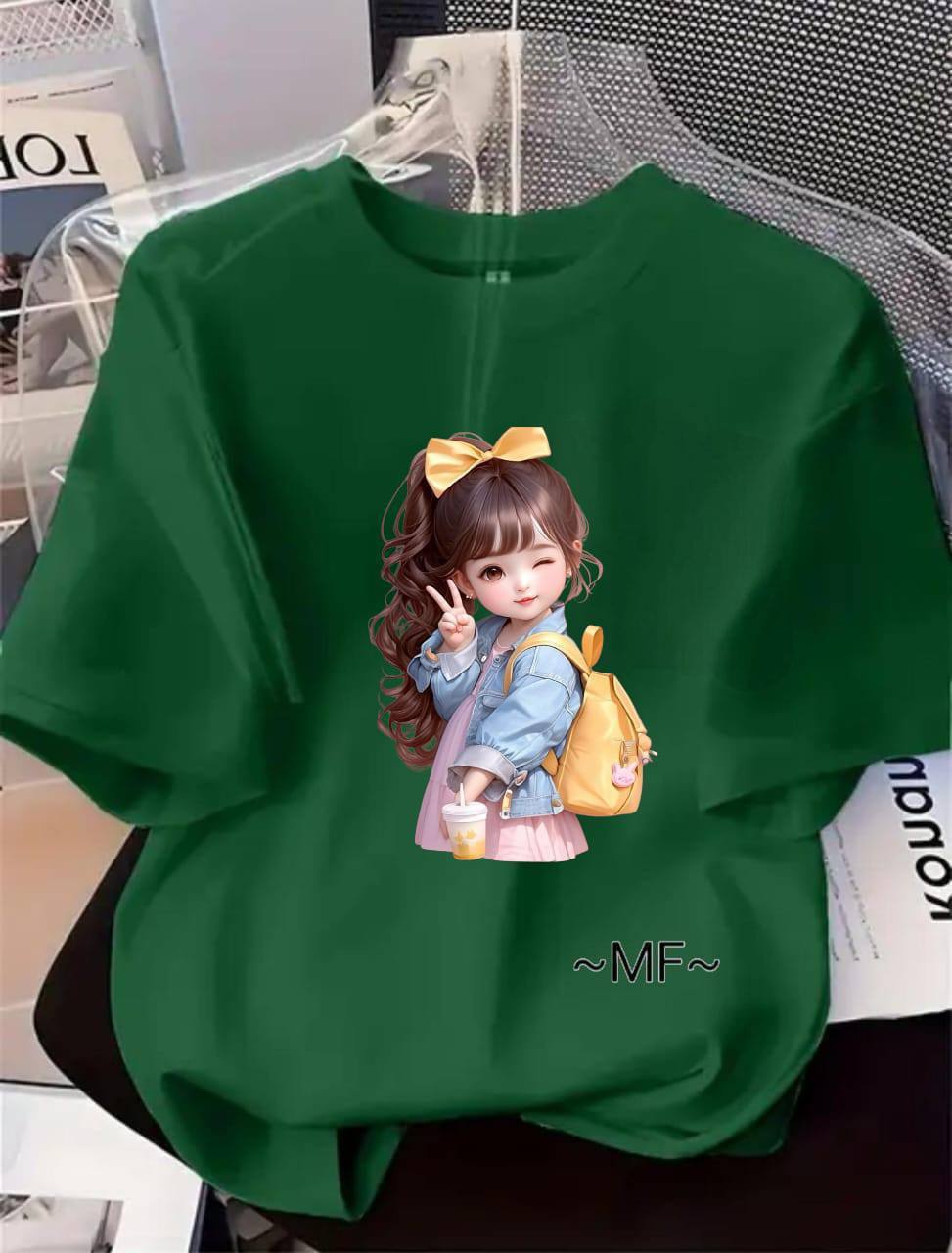 GREEN TEE WITH CUTE GIRL PRINT