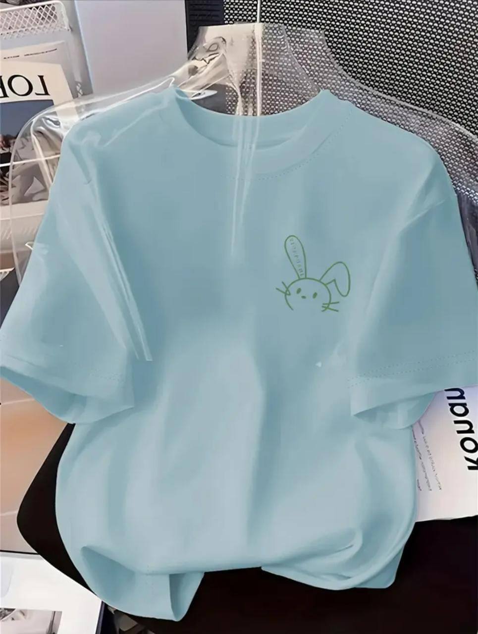 LIGHT BLUE TEE WITH A CUTE RABBIT PRINT