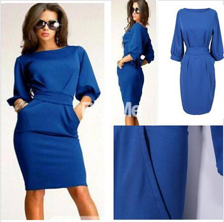 WOMEN WORK DRESSES HALF SLEEVE SLIM WITH BELT - BLUE