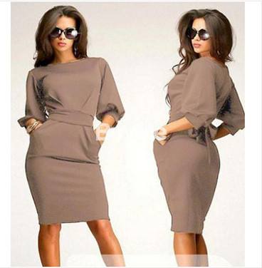 BROWN - WOMEN WORK DRESS HALF SLEEVE SLIM WITH BELT