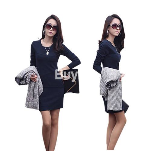 LONG SLEEVE PLEAT OFFICE DRESS - BLUE - SALE