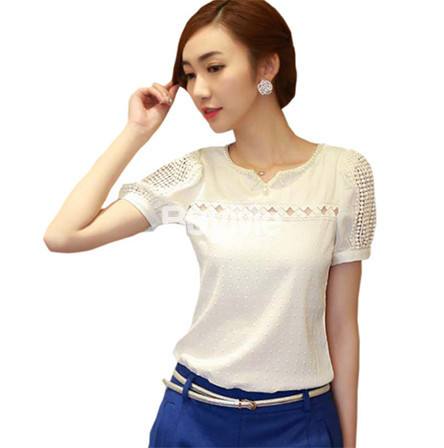 WOMEN LACE SHORT SLEEVE CHIFFON BLOUSE TOP - SALE