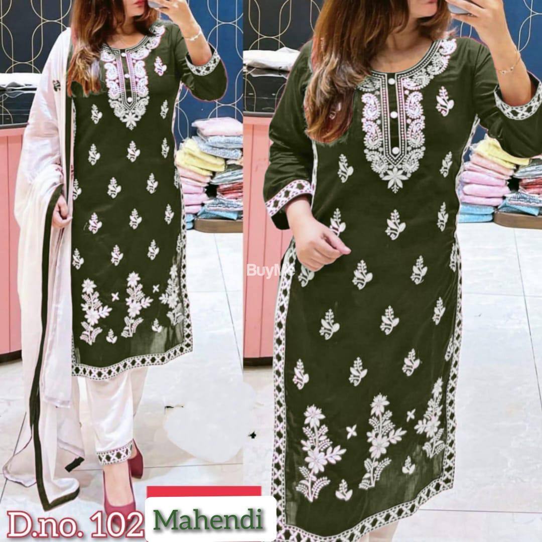 NEW DESIGN KURTI PANT WITH DUPATTA SET - MEHENDI COLOR