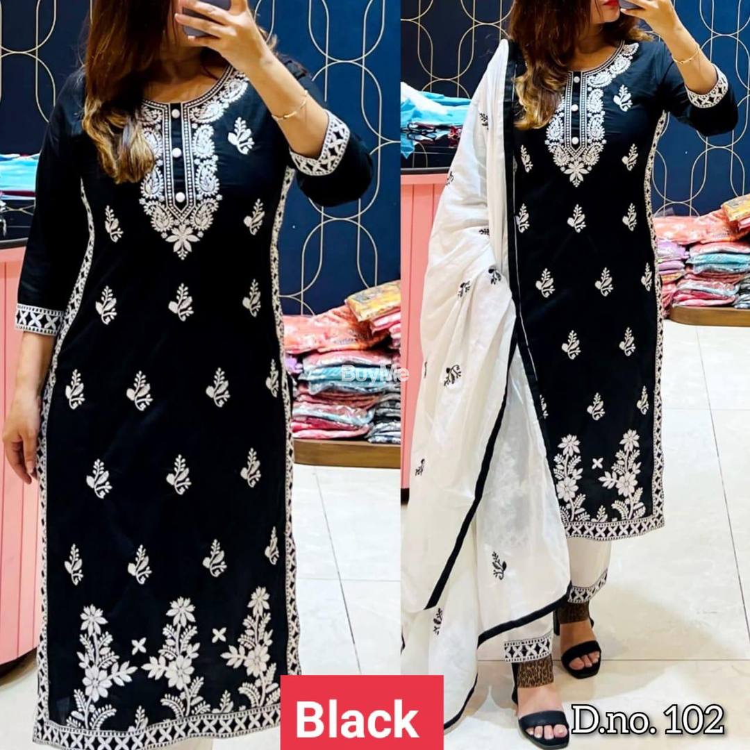 NEW PATTERN KURTI PANT WITH DUPATTA SET - BLACK WITH WHITE WORK
