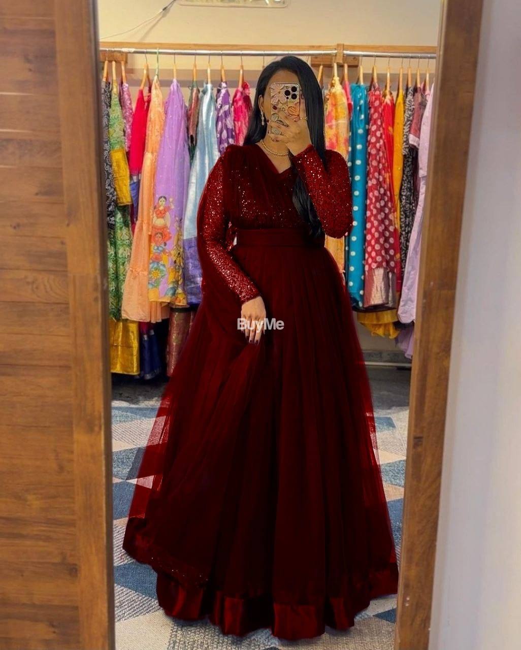 GOWN + DUPATTA AND JACKET SET WITH BELT - MAROON