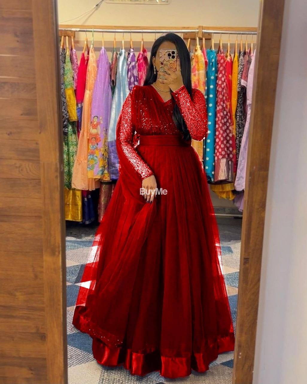 GOWN + DUPATTA AND JACKET SET WITH BELT - RED
