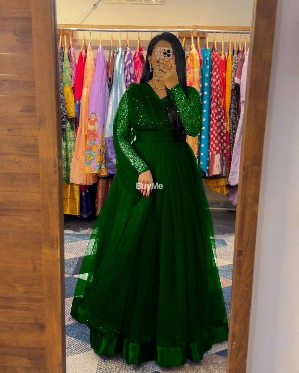 GOWN + DUPATTA AND JACKET SET WITH BELT - GREEN