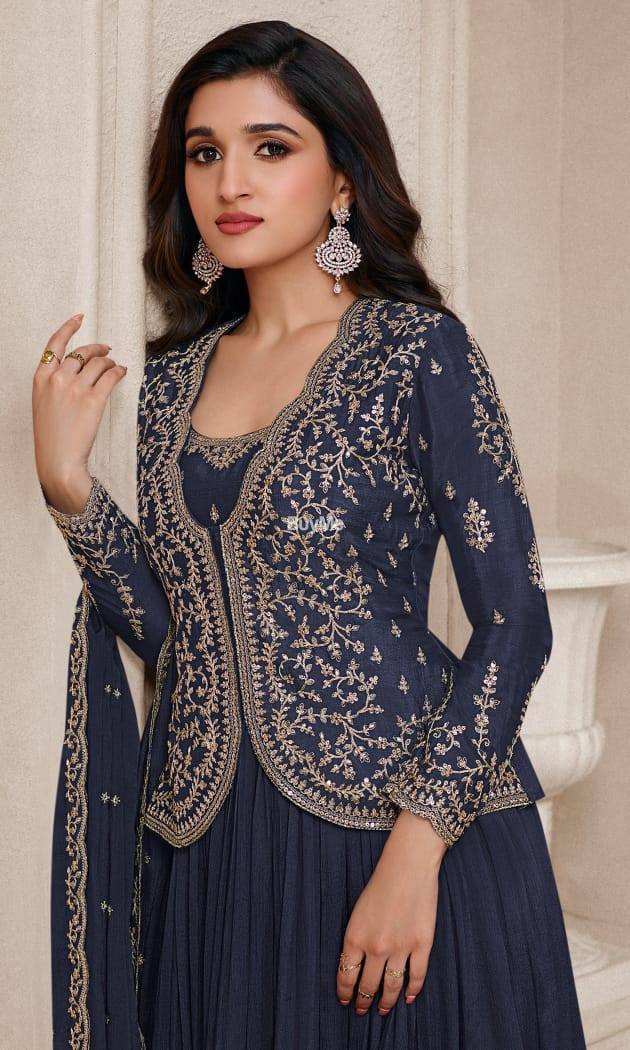 HEAVY CHINON WITH EMBROIDER SEQUENCE WORK DRESS