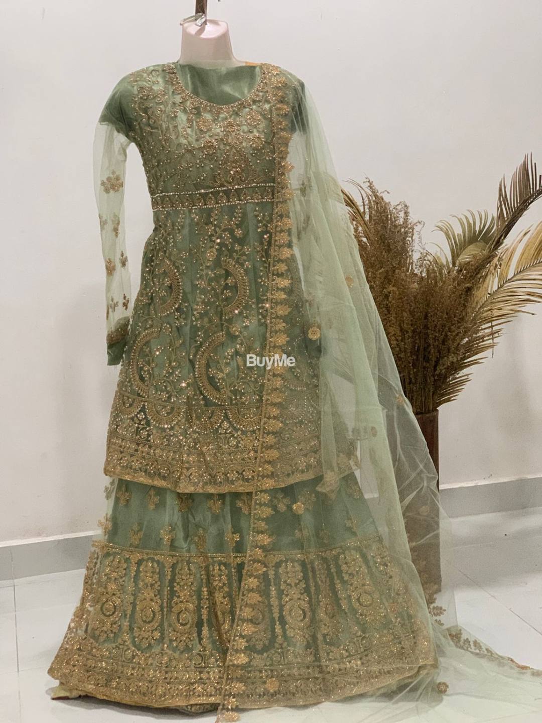 HEAVY STONE WORK PAKISTANI LEHENGA - GREEN