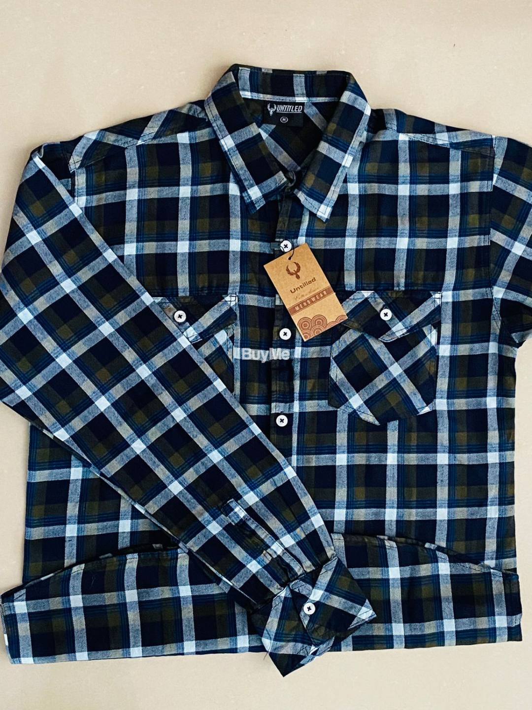 DOUBLE POCKET LONG SLEEVES SHIRT - DARK BLUE & GREEN
