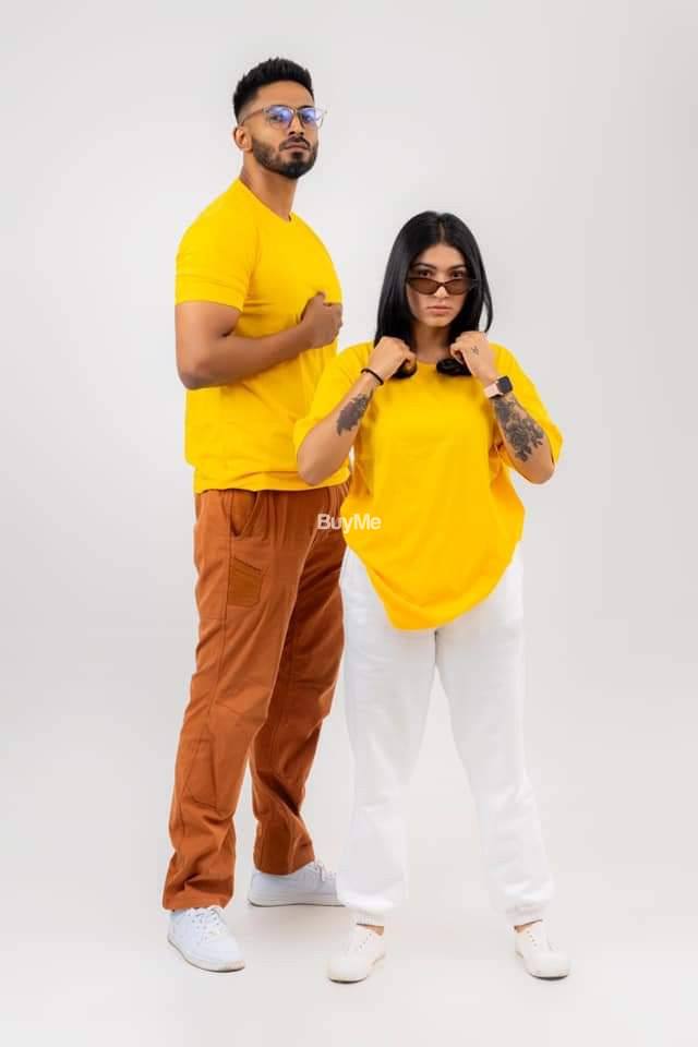 YELLOW COLOUR SPECIAL COUPLE PLAIN BAGGY T-SHIRTS