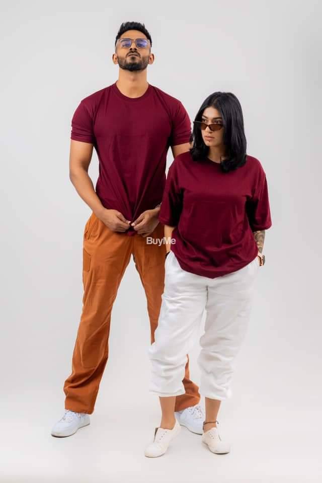 SPECIAL COUPLE PLAIN BAGGY T-SHIRTS - MAROON