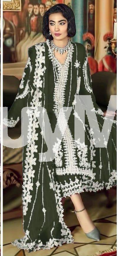 GEORGETTE HEAVY EMBROIDERY AND SEQUINS WORKED DRESS -OLIVE GREEN