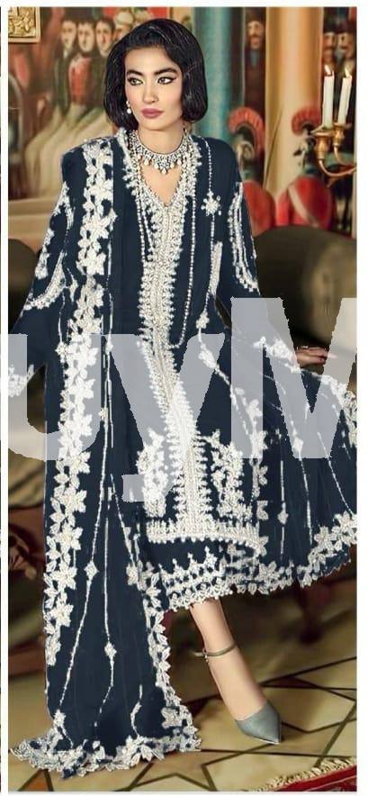 GEORGETTE HEAVY EMBROIDERY AND SEQUINS WORKED DRESS - DARK BLUE