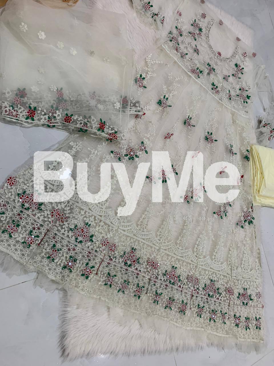 NET EMBROIDERY SEQUINCED WORKED WHITE DRESS