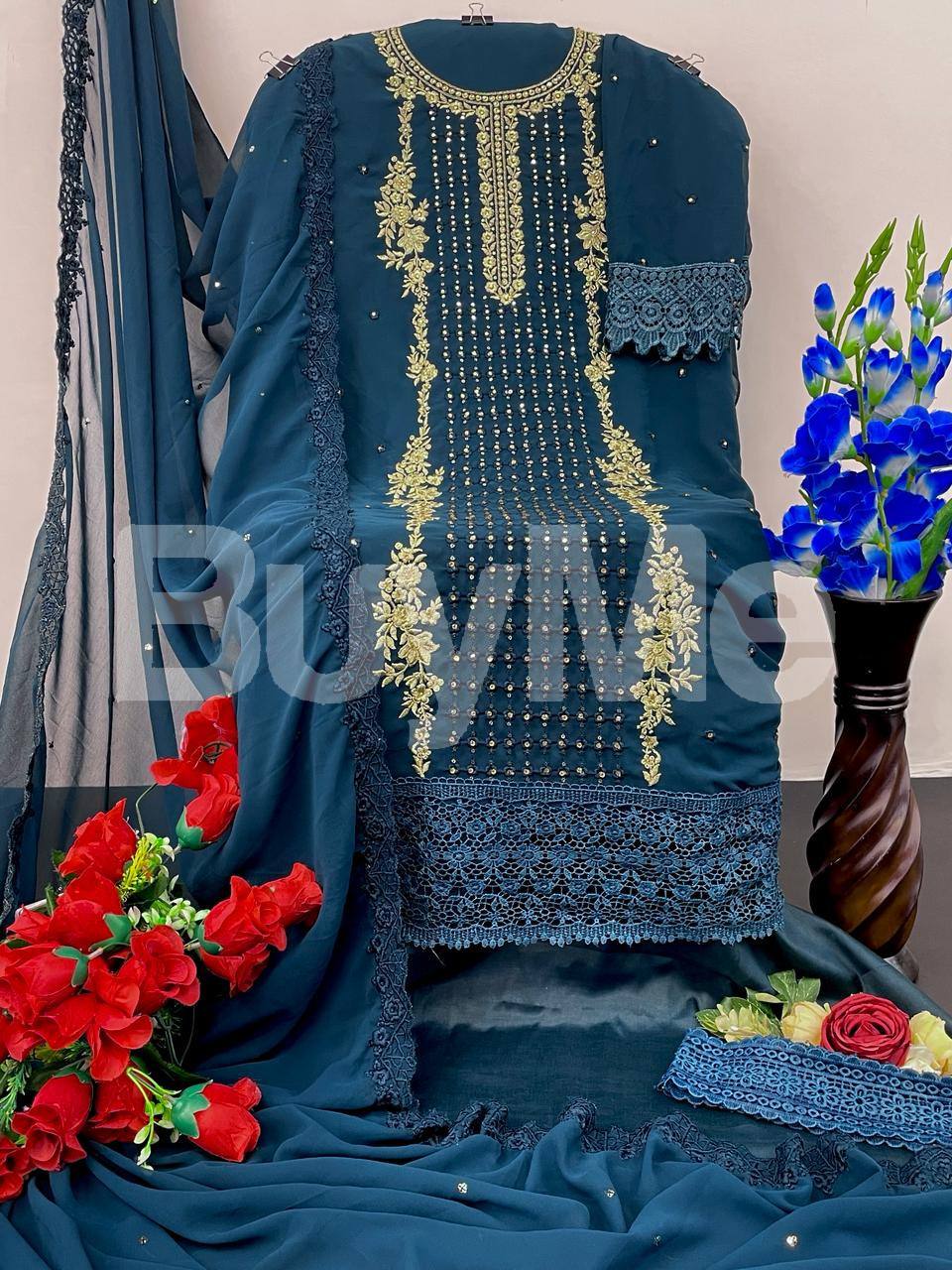 FOX GEORGETTE EMBROIDERY SEQUINS WORKED KURTA - BLUE