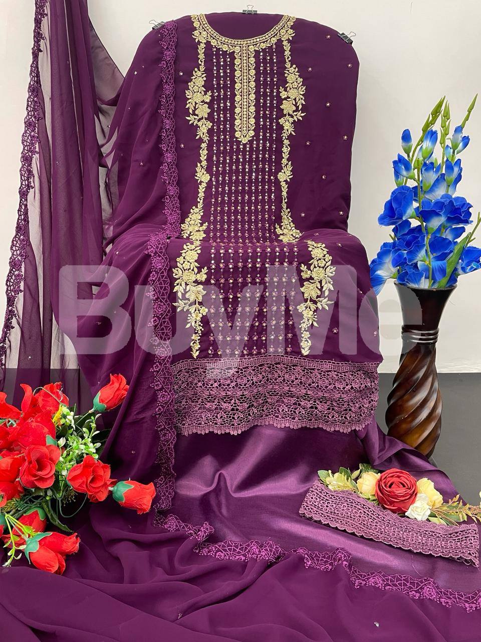 FOX GEORGETTE EMBROIDERY SEQUINS WORKED KURTA - PURPLE
