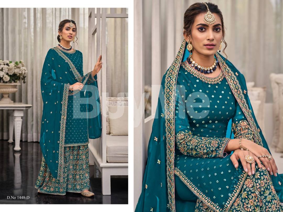 GEORGETTE WITH EMBROIDERY WORK SEQUENCE WORK DRESS - BLUE