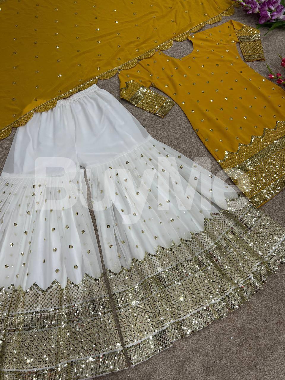 FAUX GEORGETTE WITH HEAVY 5MM EMBROIDERY WORK DRESS - YELLOW