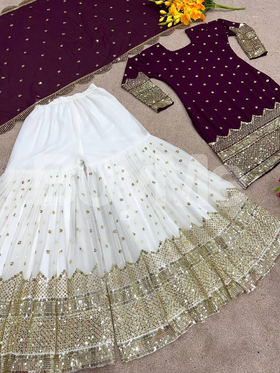 FAUX GEORGETTE WITH HEAVY 5MM EMBROIDERY WORK DRESS- PURPLE