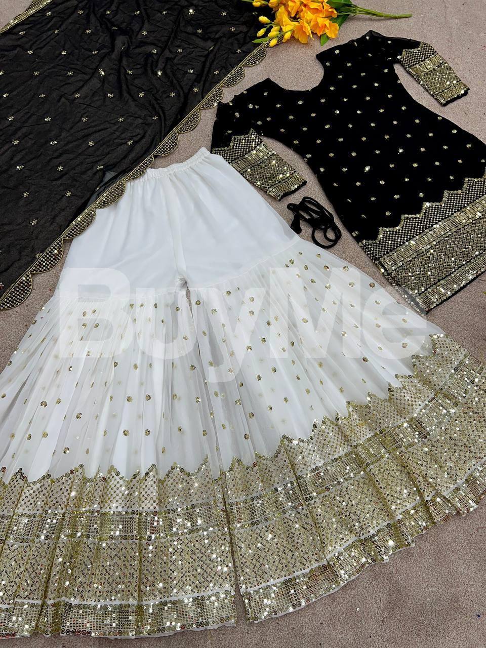 FAUX GEORGETTE WITH HEAVY 5MM EMBROIDERY WORK DRESS - BLACK