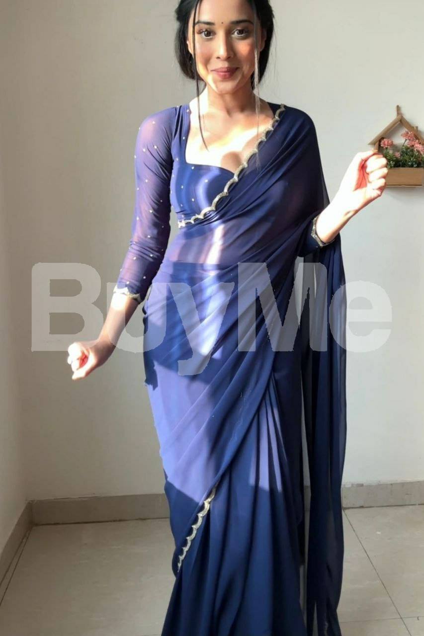 GEORGETTE HANDWORK & CUTWORK BORDER SAREE - BLUE