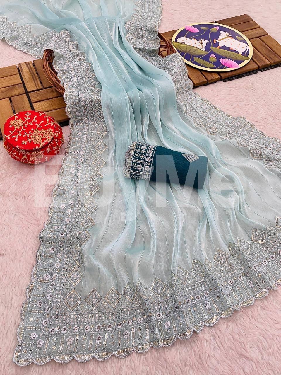 EMBROIDERY THREAD AND SEQUENCES WORK SAREE - LIGHT BLUE