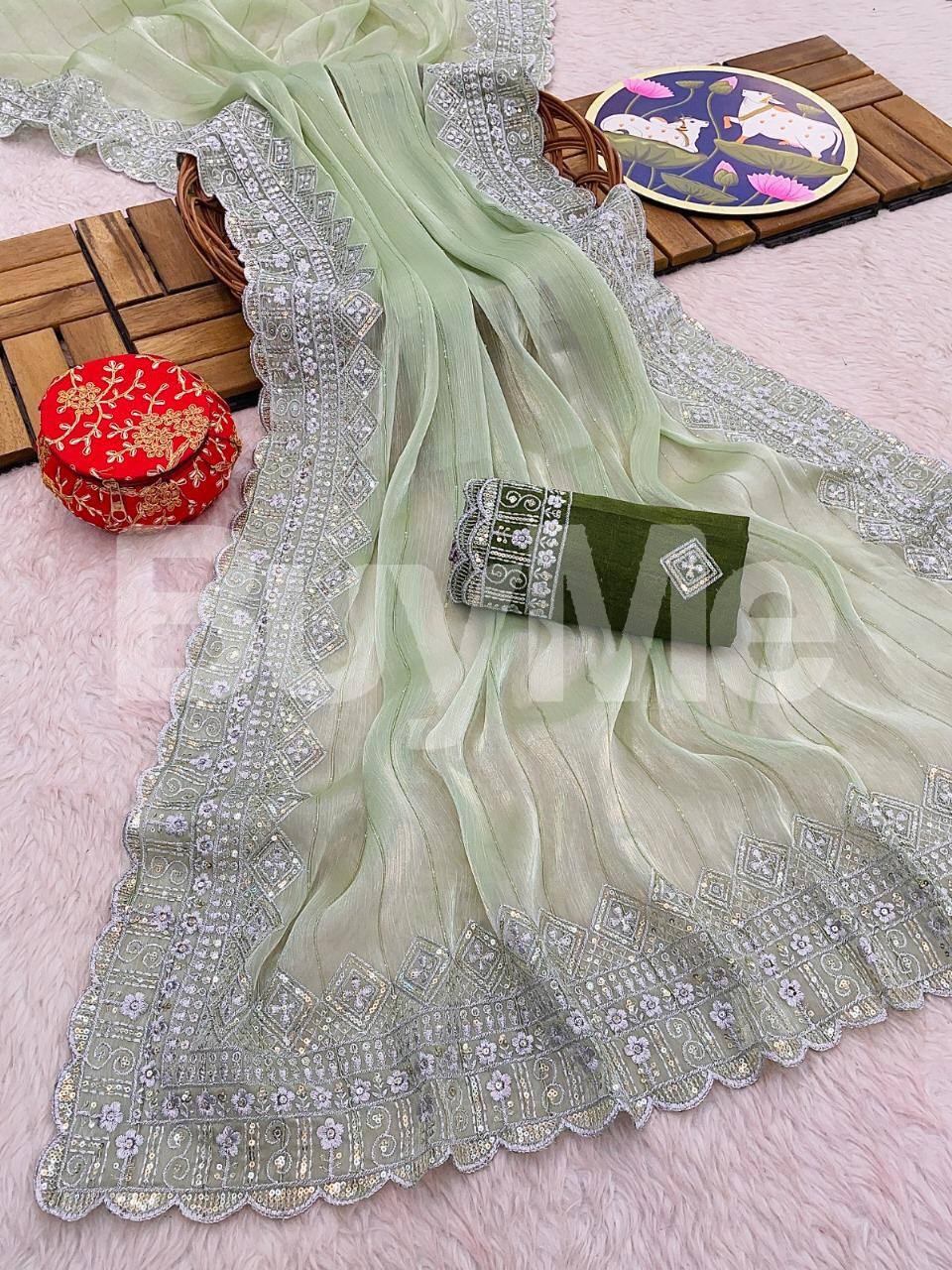EMBROIDERY THREAD AND SEQUENCES WORK SAREE - LIGHT GREEN